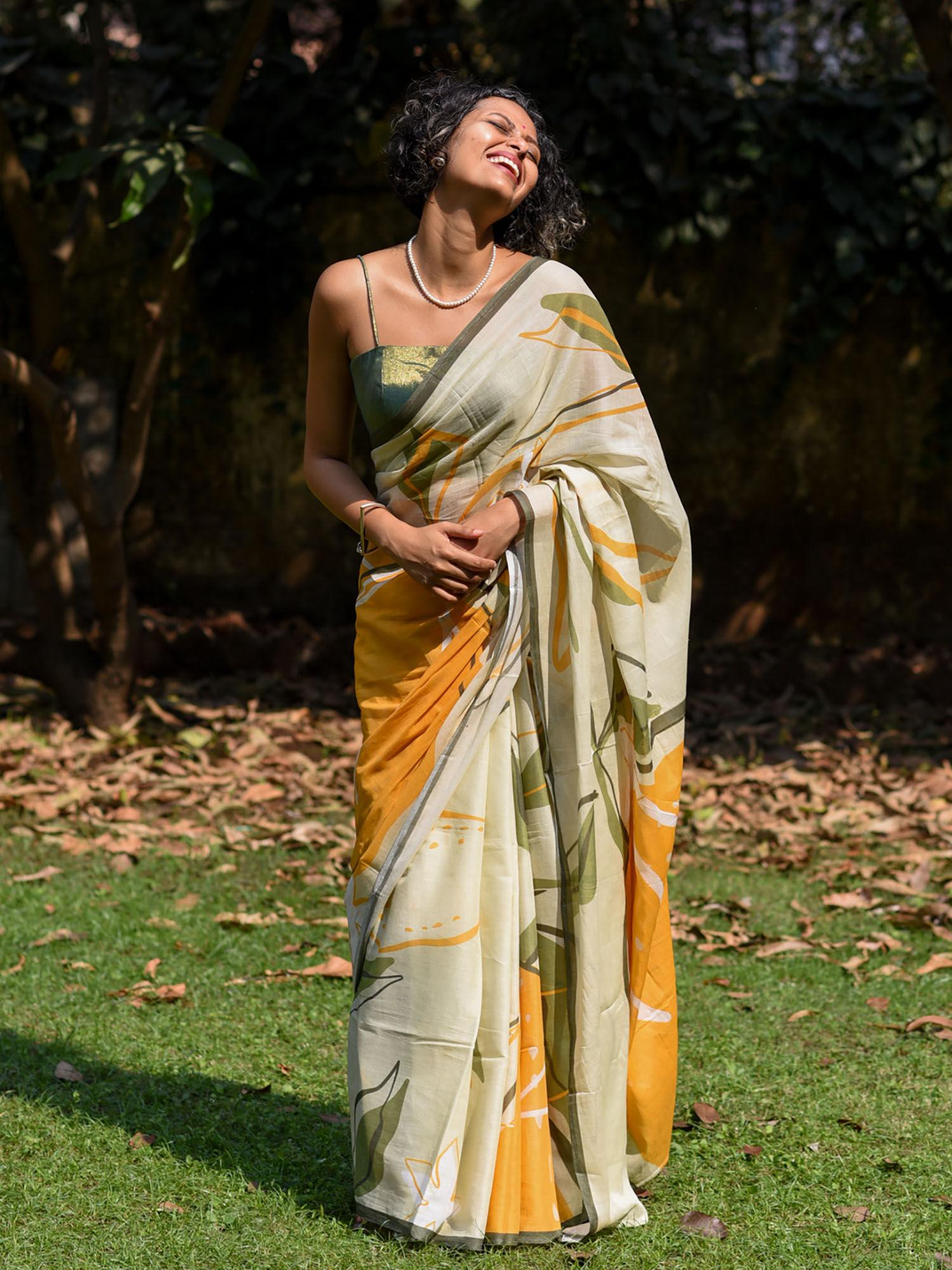 off white floral printed pure cotton saree