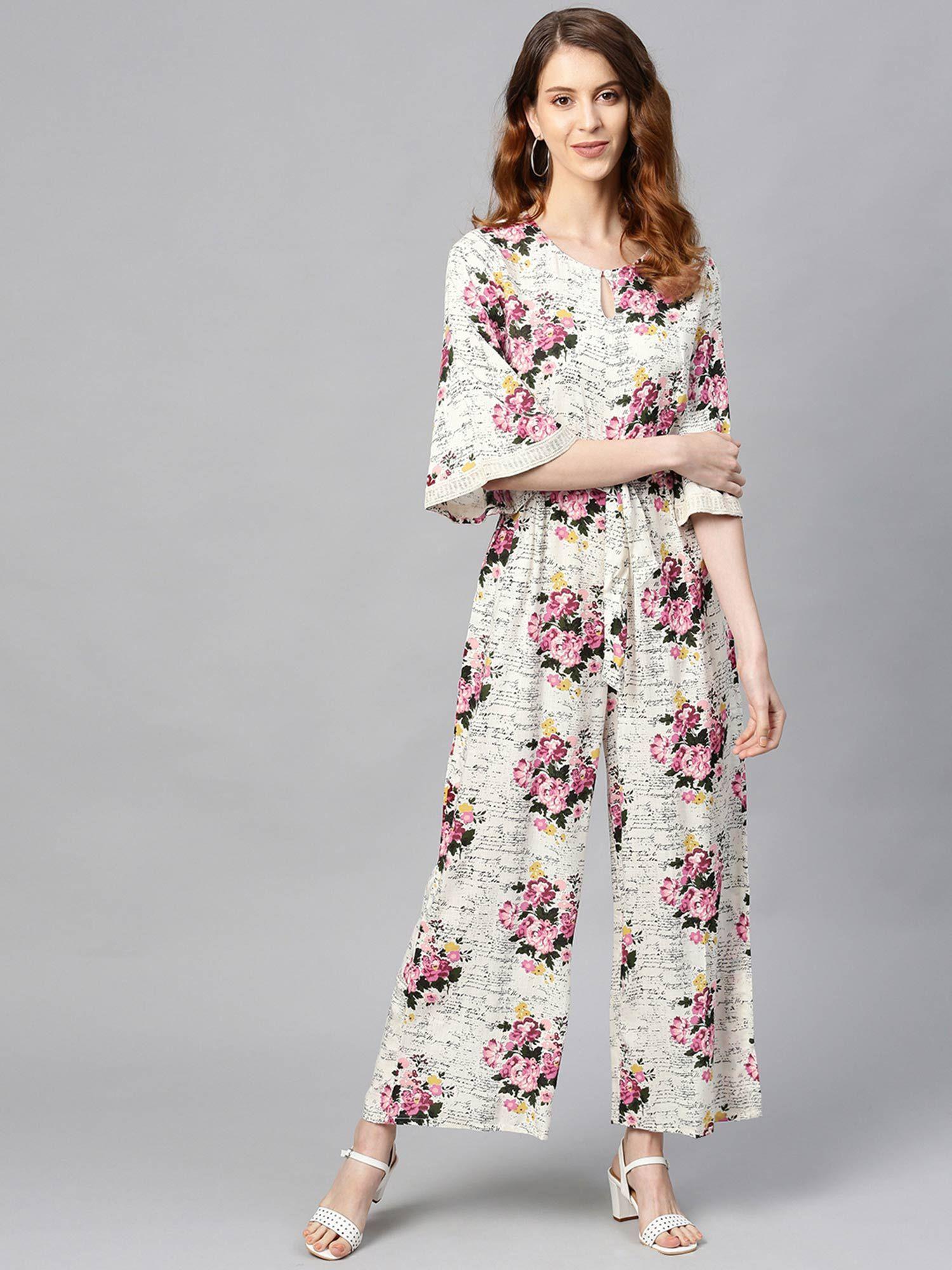 off-white floral printed rayon slub jumpsuit with zip closure