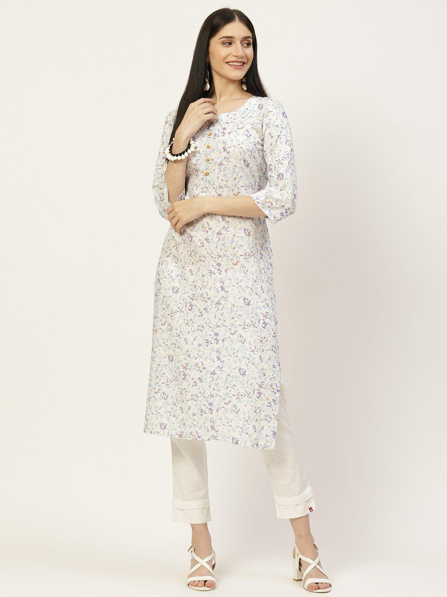 off white floral printed rayon straight kurta