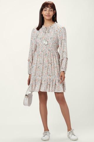off white floral printed round neck casual thigh-length full sleeves women regular fit dress