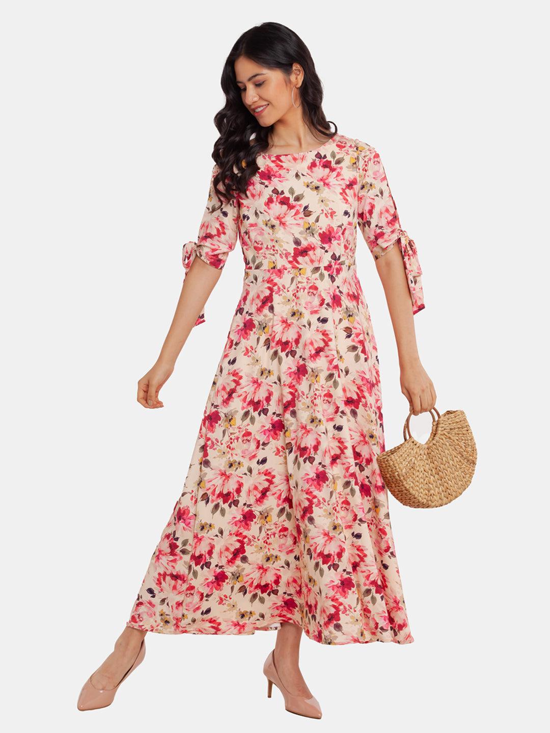 off white floral printed tie-up maxi dress for women