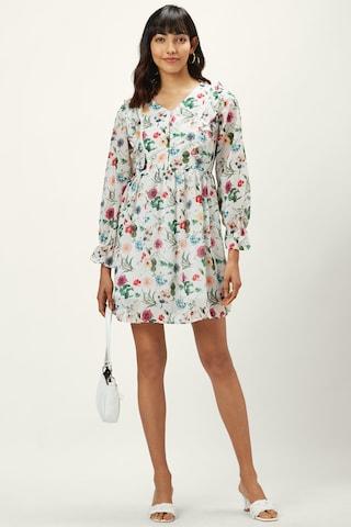 off white floral printed v neck casual thigh-length full sleeves women regular fit dress