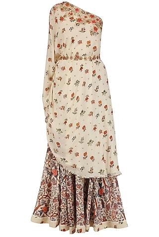 off white floral work one shoulder tunic and skirt set