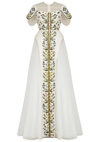 off white front open embroidered gathered gown