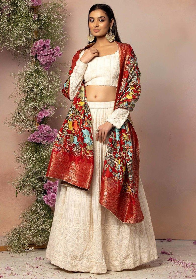 off white geometric embroidered lehenga set with blouse and multicolour printed dupatta