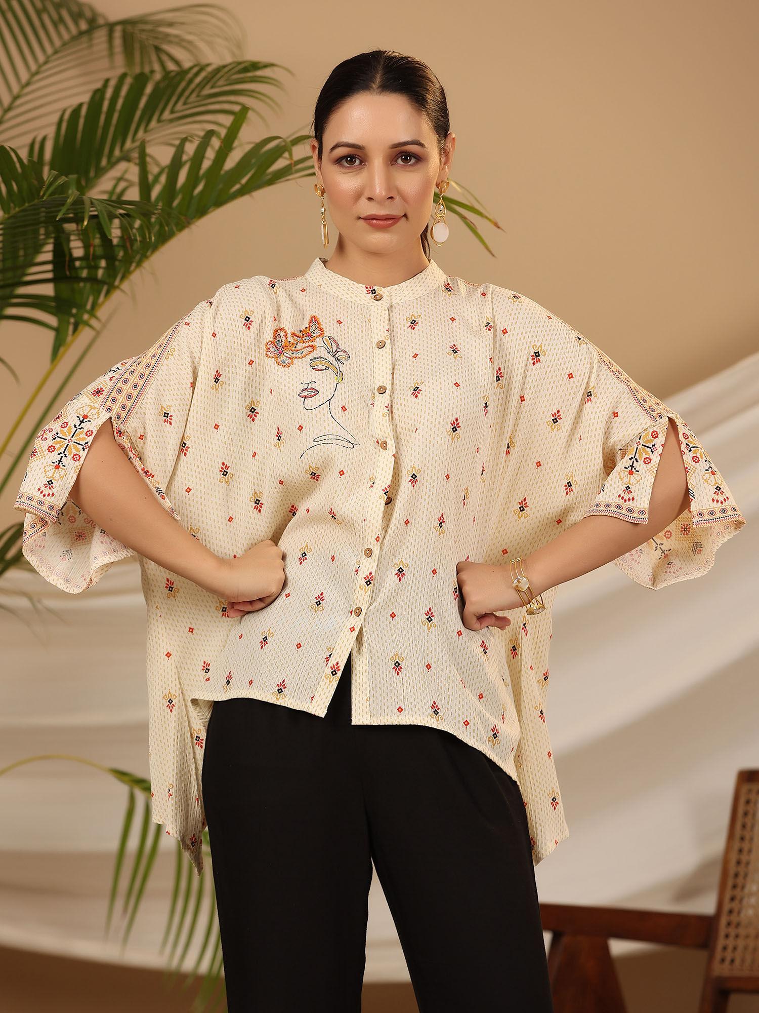 off white geometric printed rayon crepe shirt style tunic with beads & sequins work