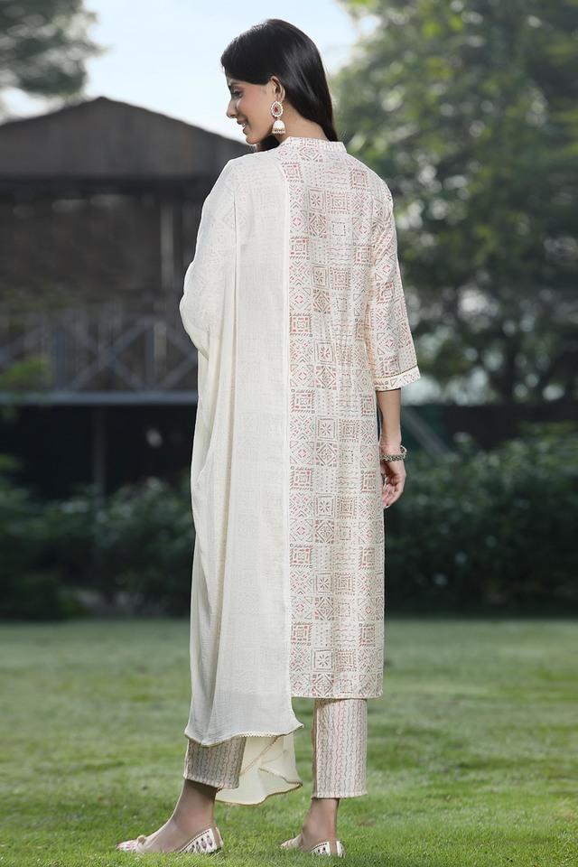 off-white geometric printed viscose muslin kurta pants _ dupatta set with mirror work embroidery.