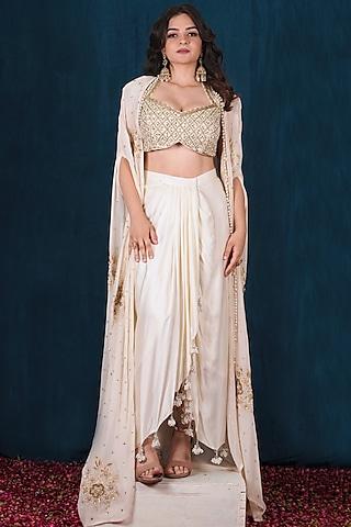 off-white georgette aari embroidered cape set