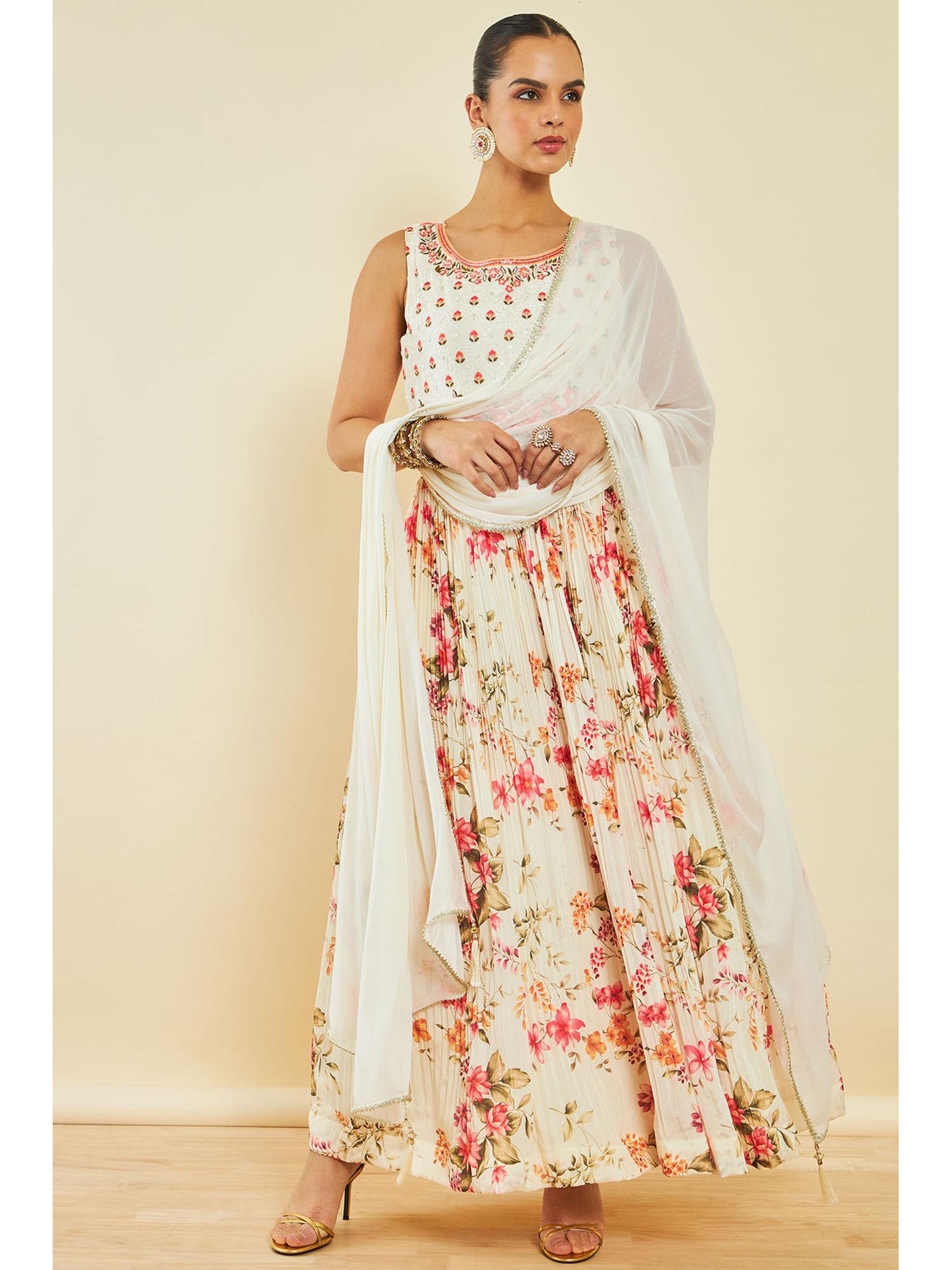 off white georgette anarkali with floral print and embroidery (set of 3)