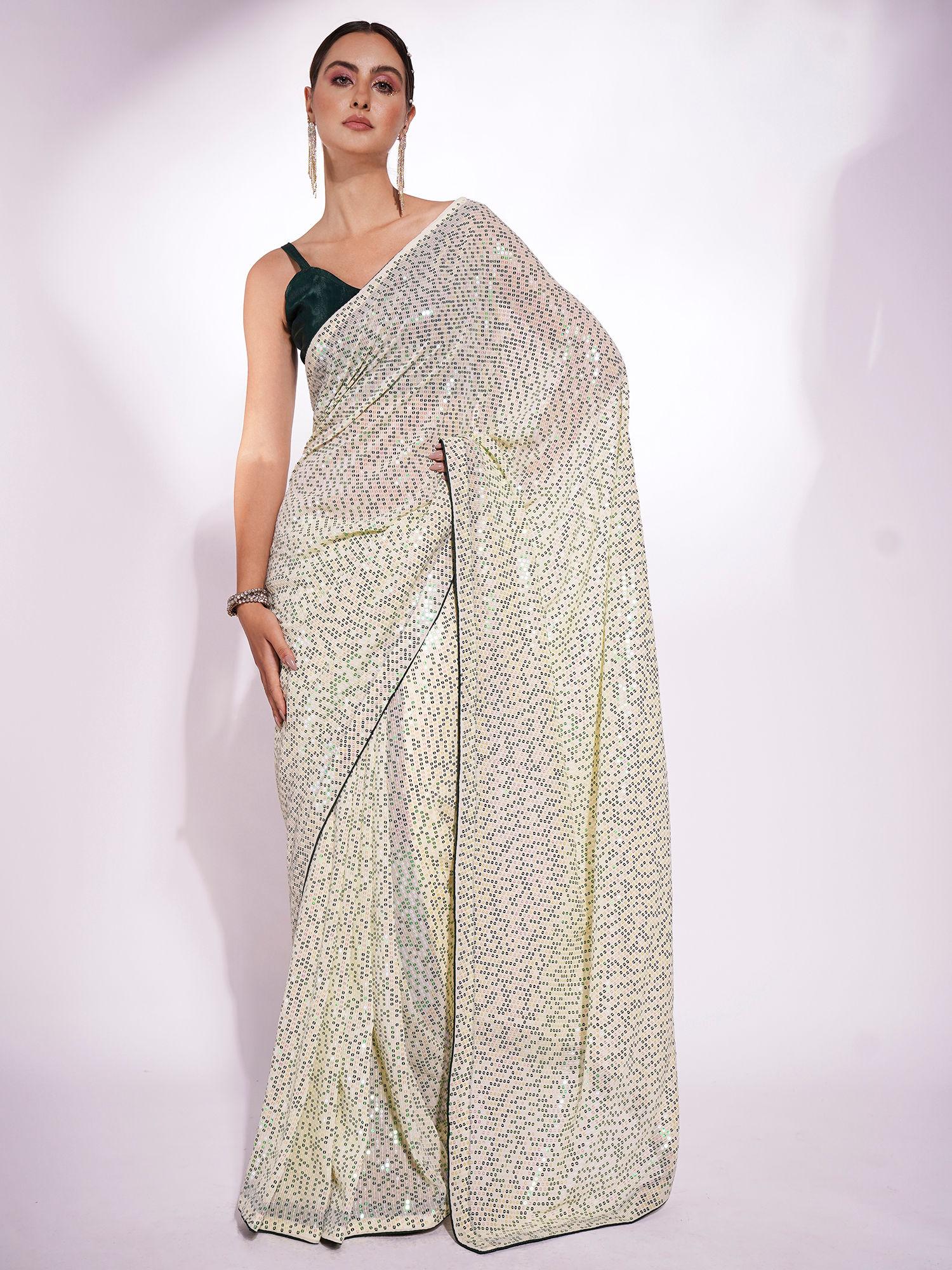 off white georgette embellished sequined beads and stones saree and unstitched blouse