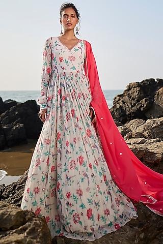 off-white georgette floral printed anarkali set