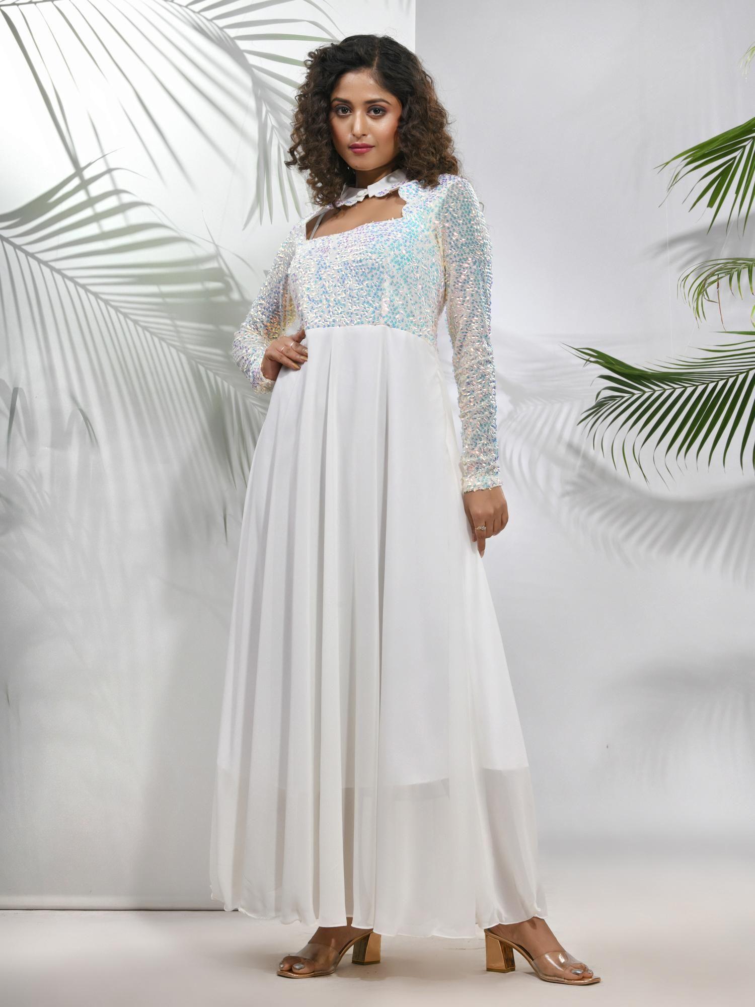 off white georgette gown with sequins work