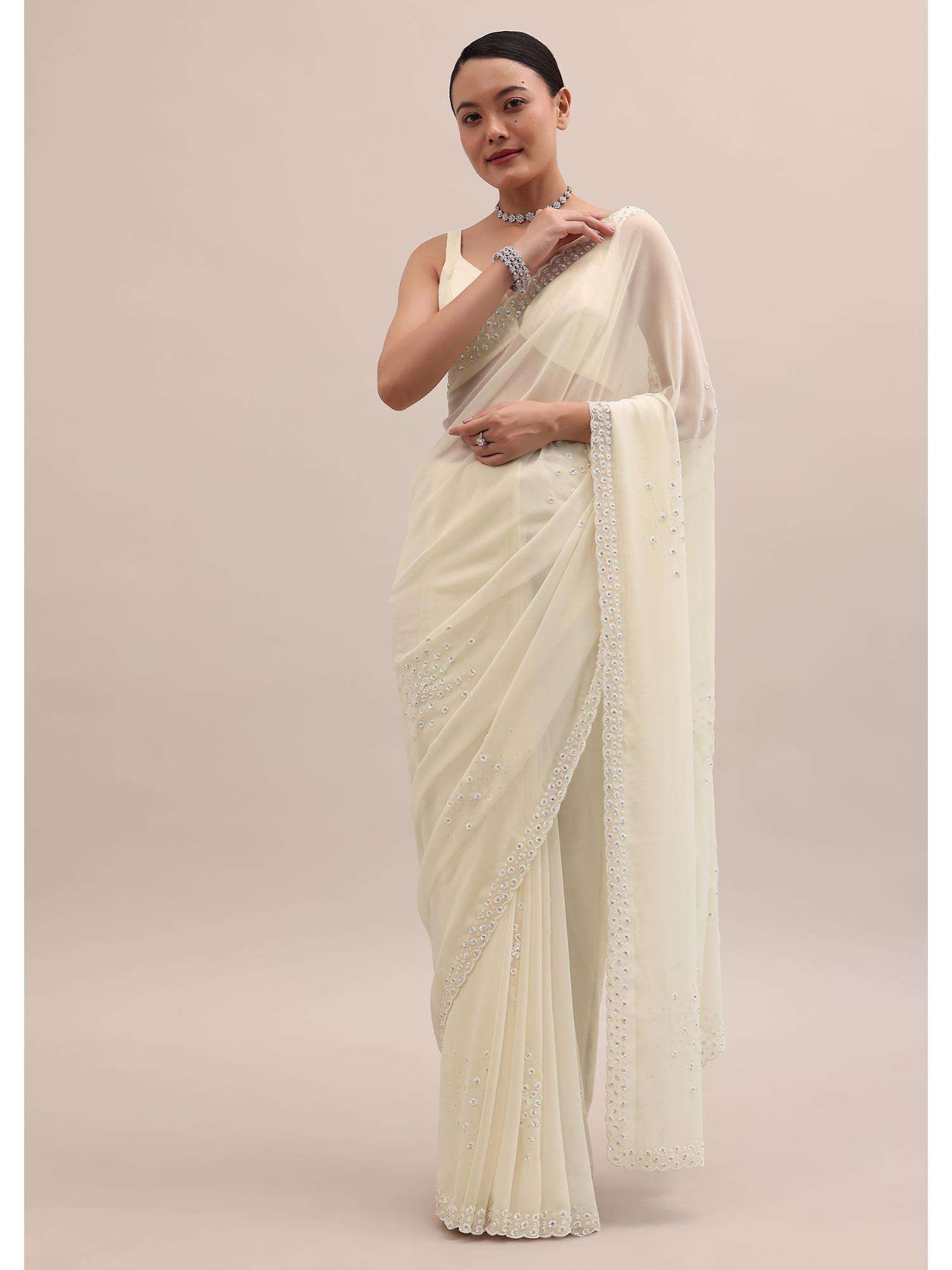 off white georgette in sequins saree with unstitched blouse