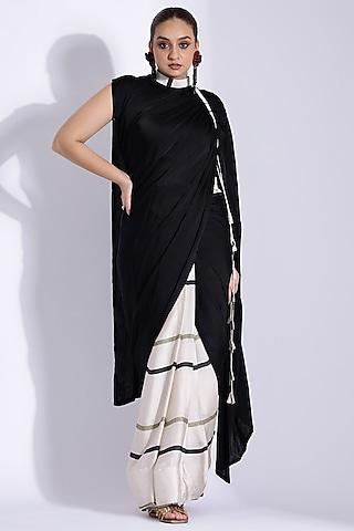 off-white georgette satin digital printed pre-stitched saree set