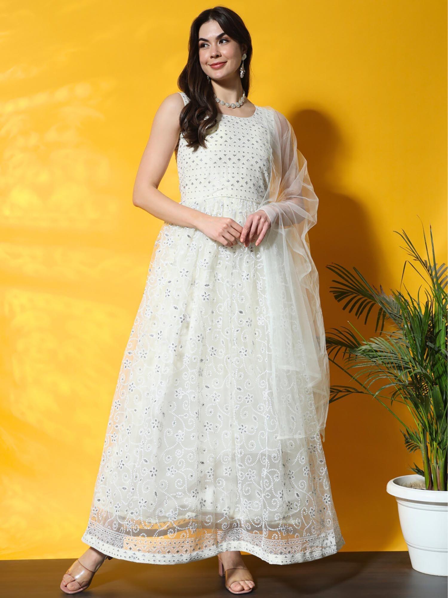 off white glitter embellished dress with dupatta (set of 2)