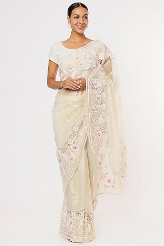 off-white hand embroidered saree set