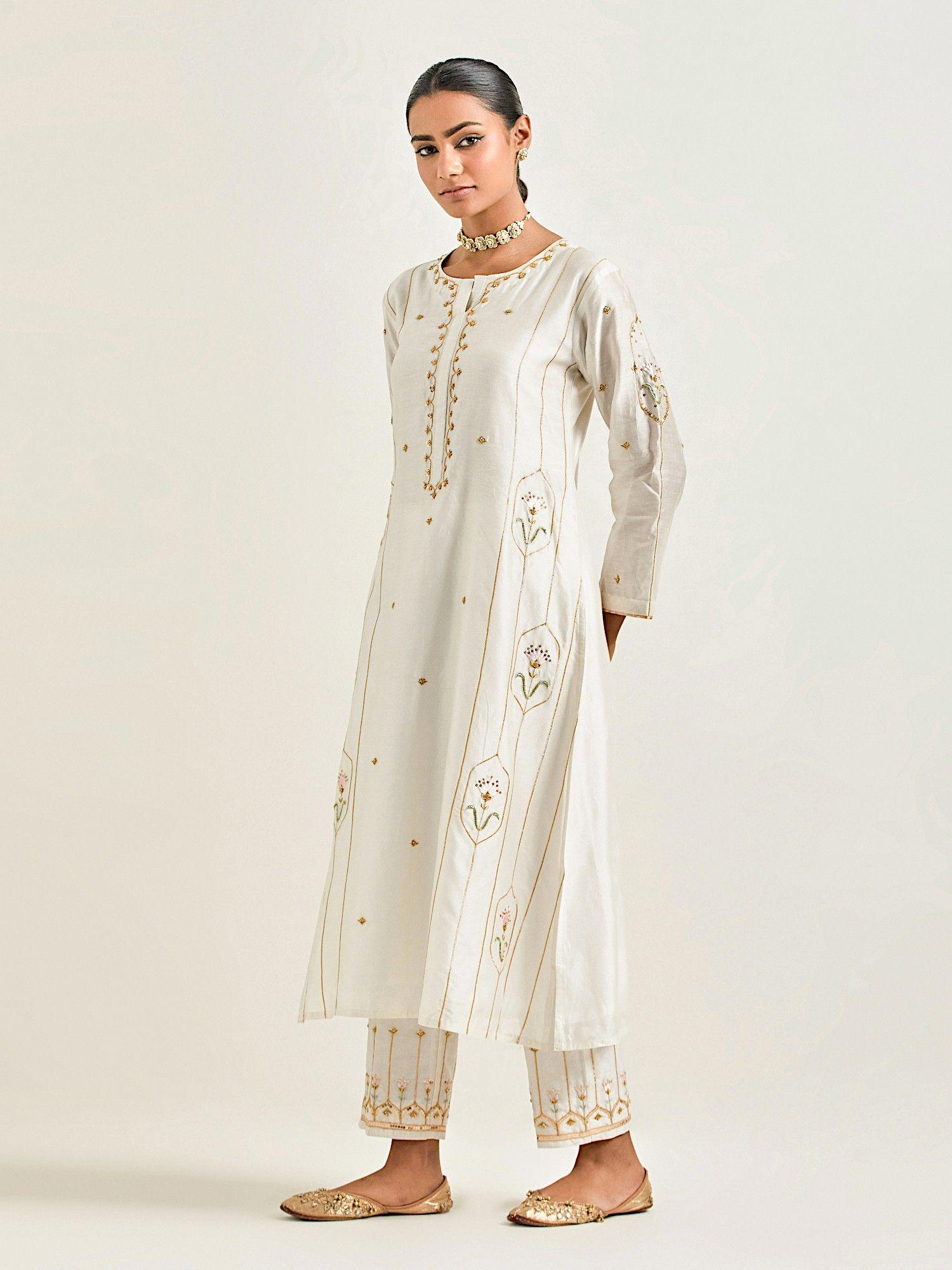 off white hand embroidered silk chanderi kurta with gota