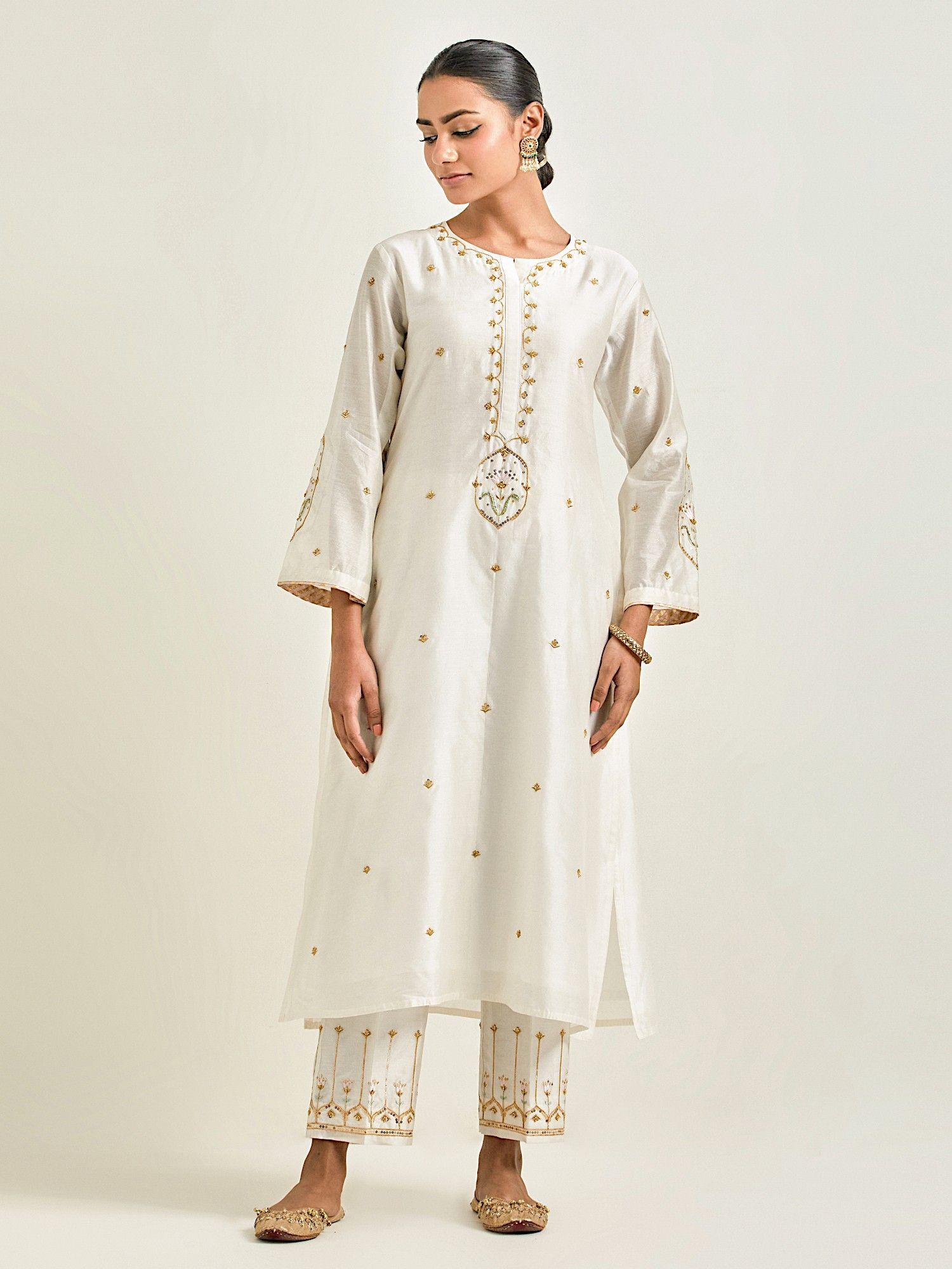 off white hand embroidered silk chanderi kurta with gota