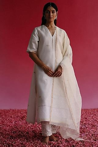 off-white handloom pure linen silk kurta set