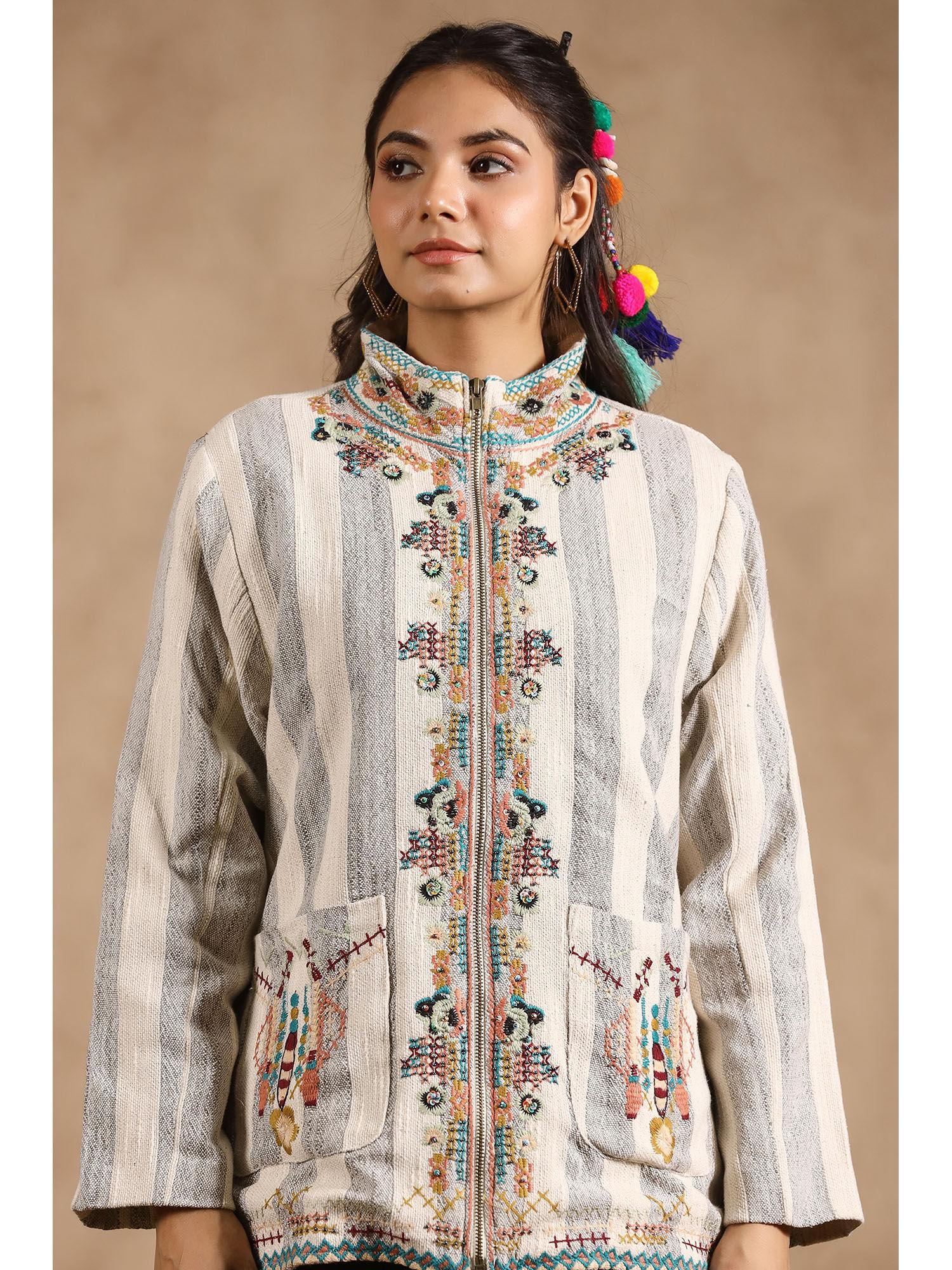 off white handloom stripe fabric embroidered with hand work jacket for women
