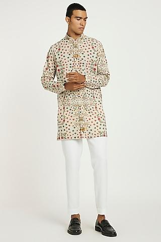 off-white handwoven cotton floral printed kurta set