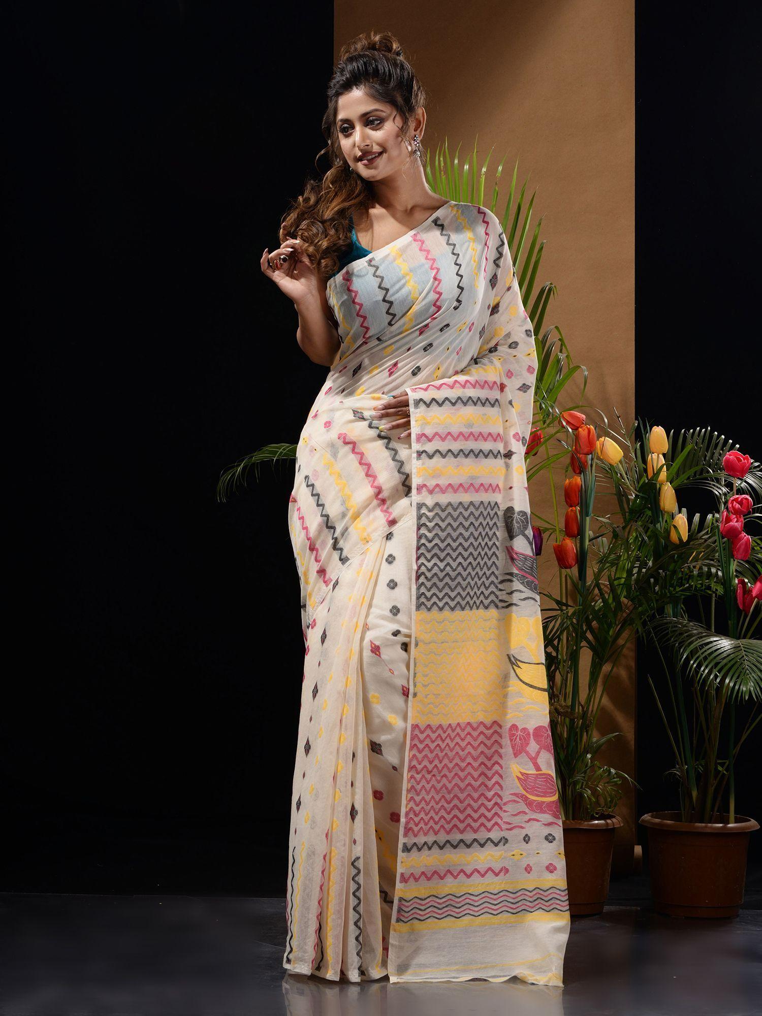 off white handwoven saree with chevron patterns & bird motifs