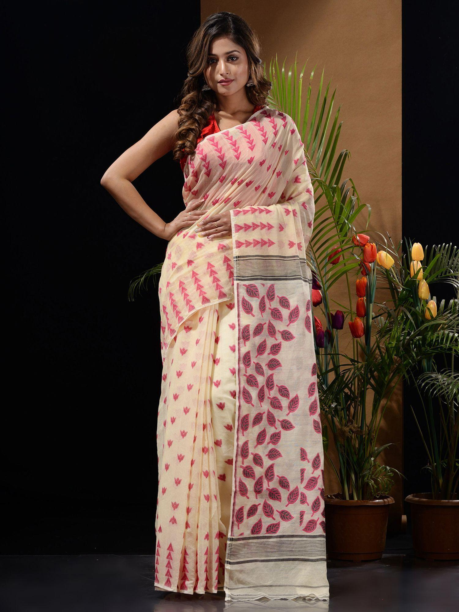 off white handwoven saree with geometric designs & foliage patterns