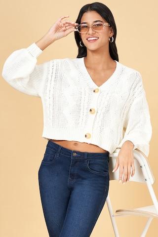 off white jacquard casual full sleeves v neck women regular fit  sweater