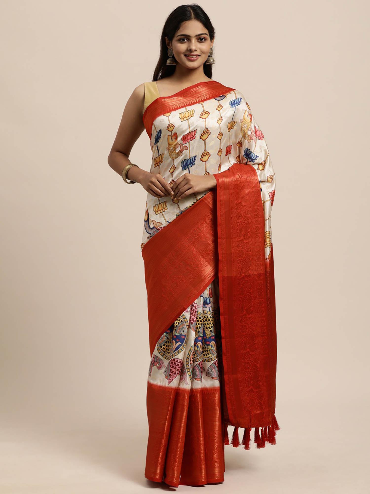 off white kalamkari printed zari banarasi saree with unstitched blouse