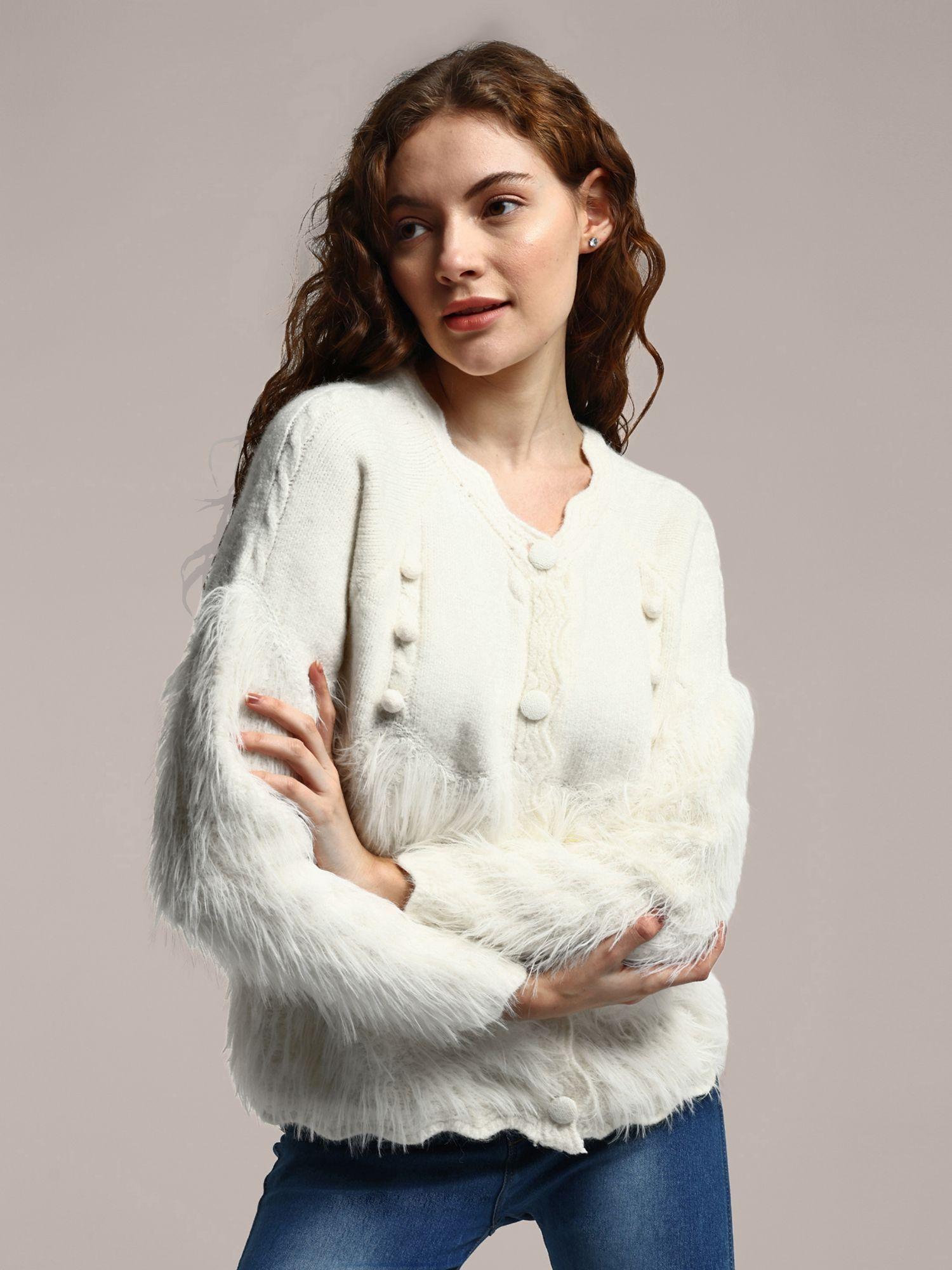 off-white knitted cardigan with fur detail