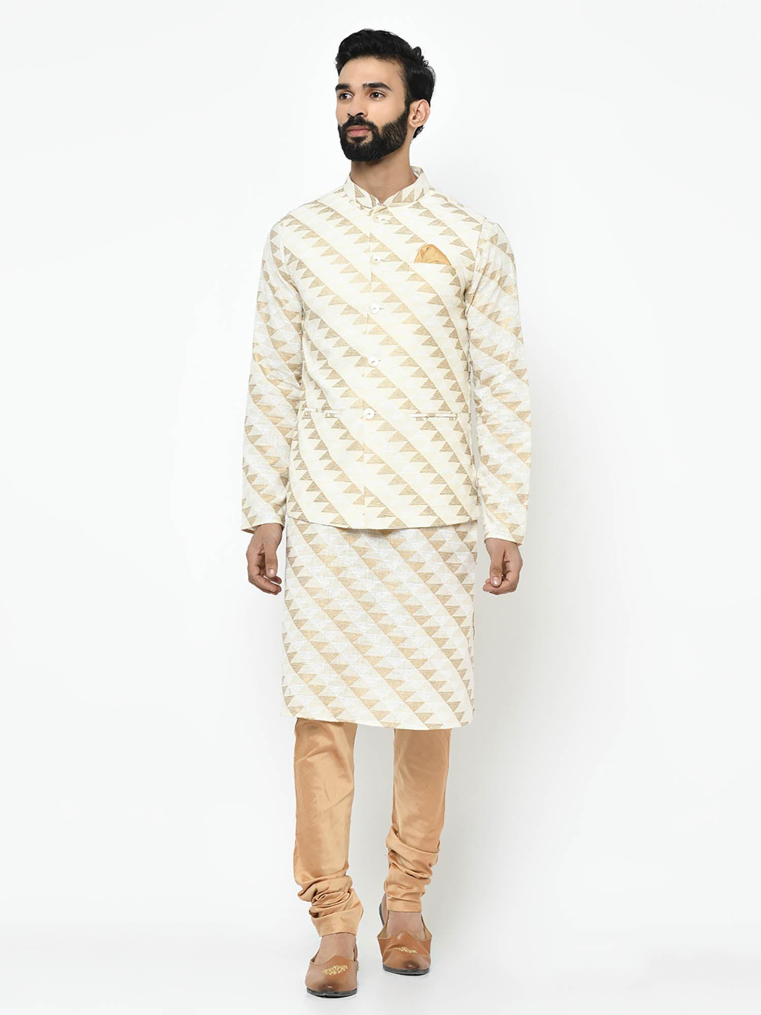 off white kurta & jacket with churidar (set of 3)