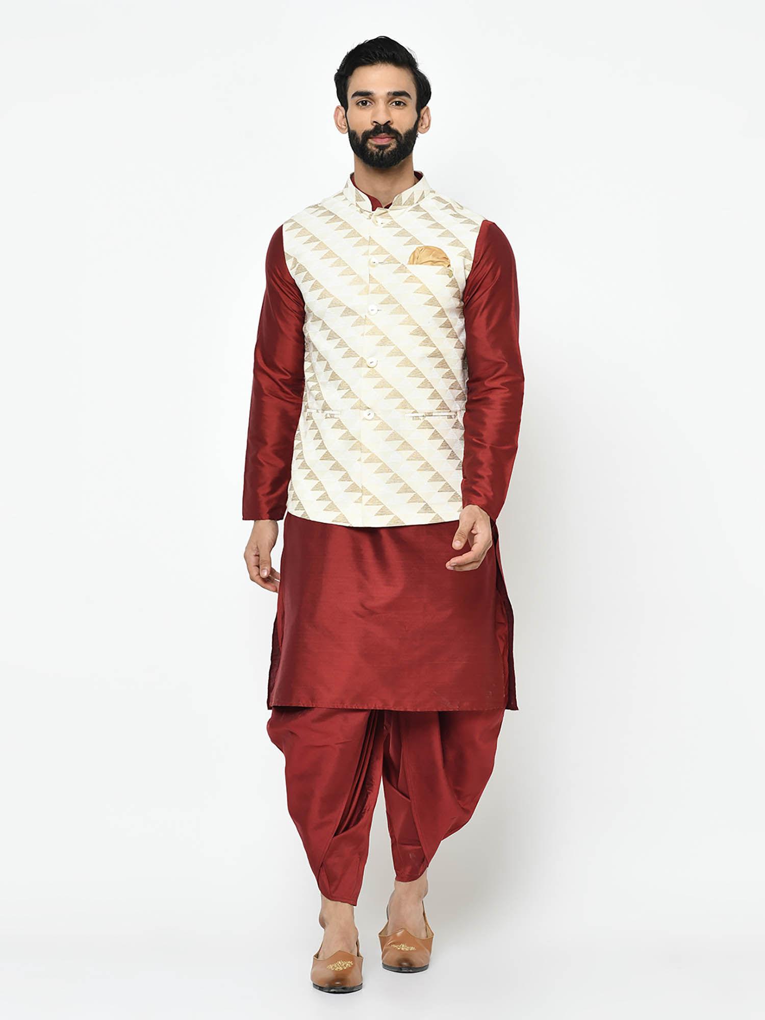 off white kurta & jacket with dhoti (set of 3)
