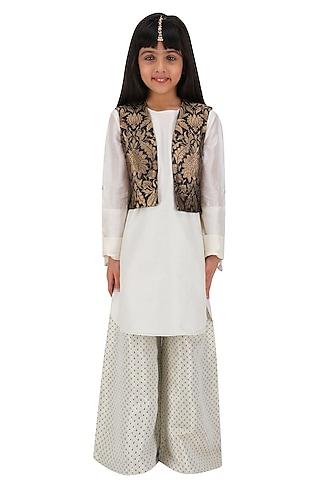 off white kurta set with black short jacket for girls