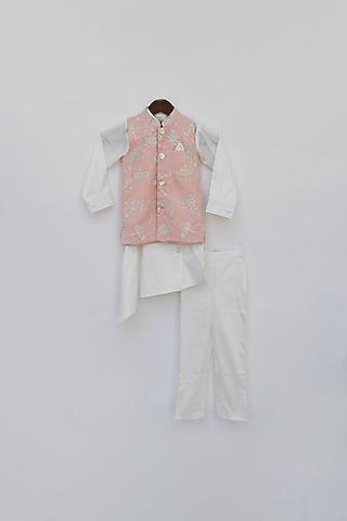 off white kurta set with embroidered jacket for boys