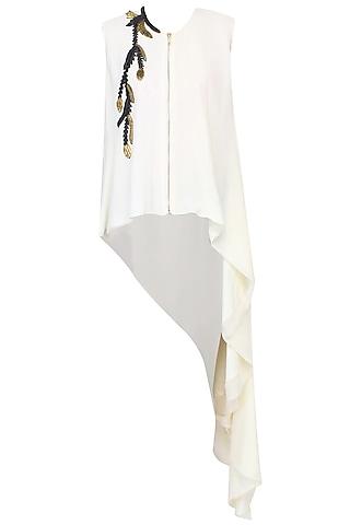 off white leather and gold metallic embroidered asymmetric shirt tunic