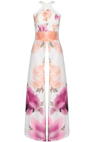 off white lily and rose printed halter neck cape and peach trouser pants set