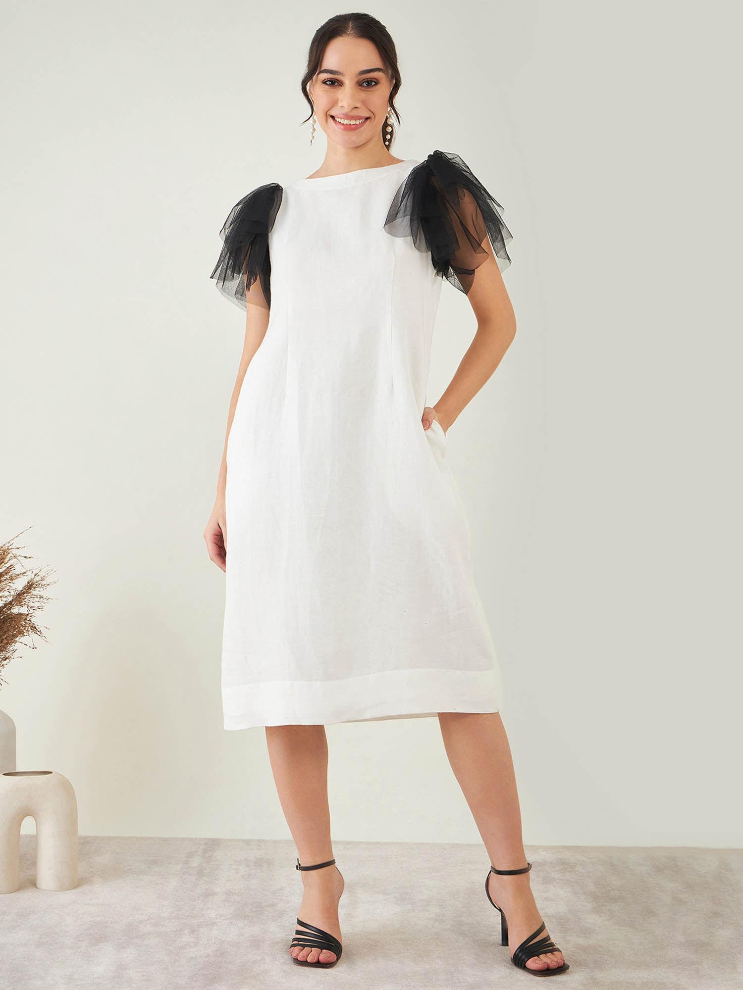 off-white linen dress with black net sleeves