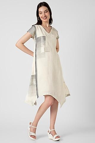 off-white linen hand screen printed asymmetrical dress