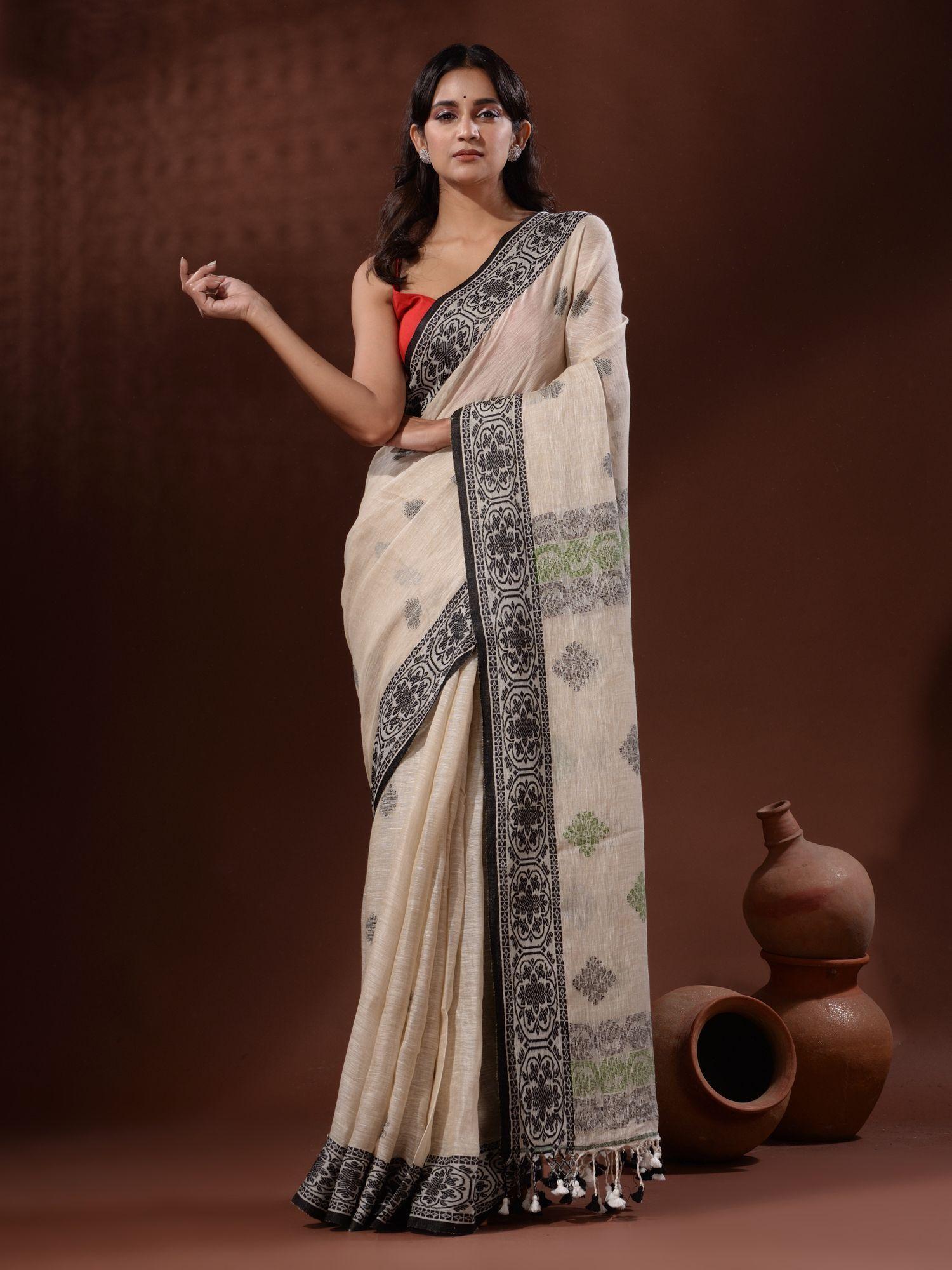 off white linen handwoven saree with nakshi border with unstitched blouse