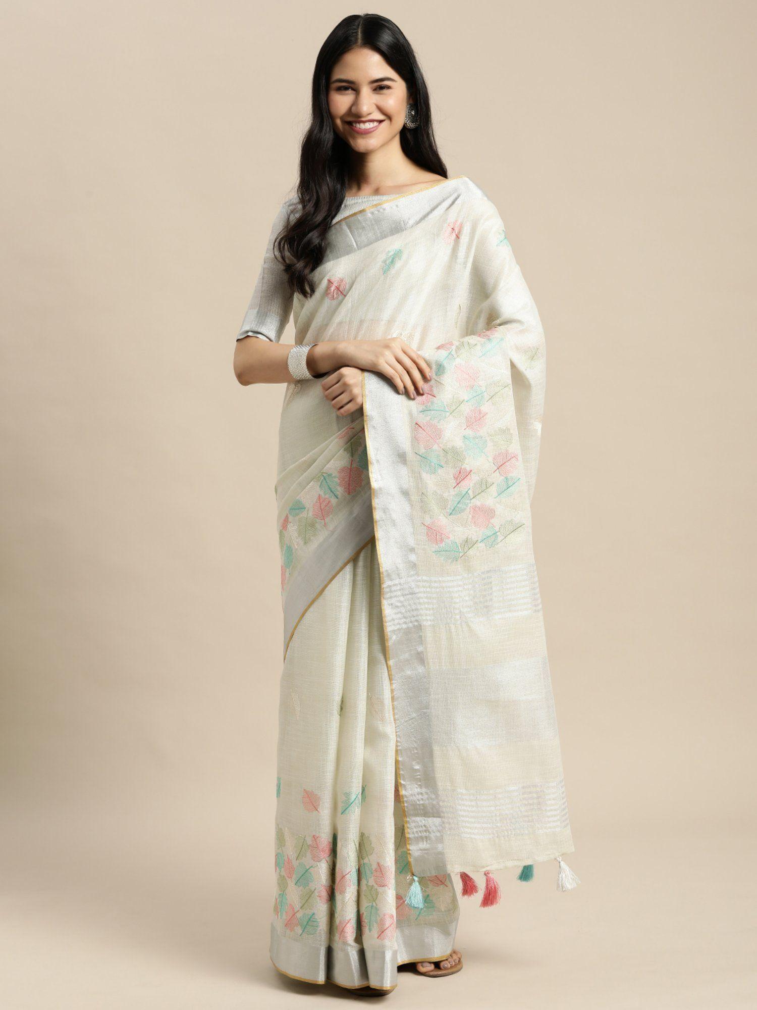 off white linen resham dori work traditional tassle saree with unstitched