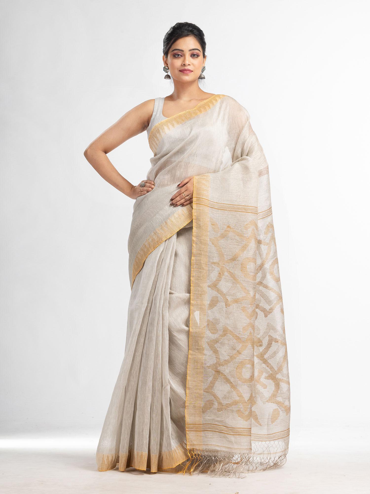 off white linen tissue pallu jamdani temple border handwoven saree with unstitched blouse