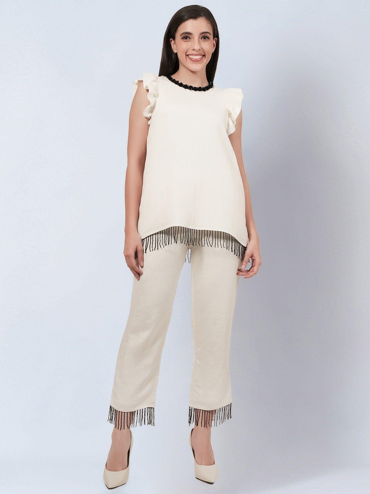 off white linen top and pants with bead lace (set of 2)