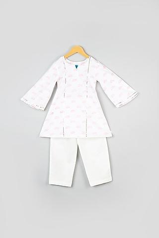 off-white lotus printed kurta set for girls