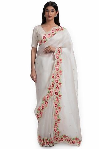 off-white machine embroidered saree set