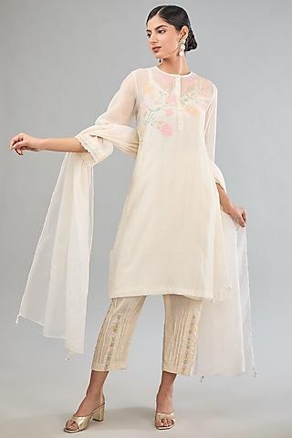 off-white mul chanderi machine embroidered kurta set