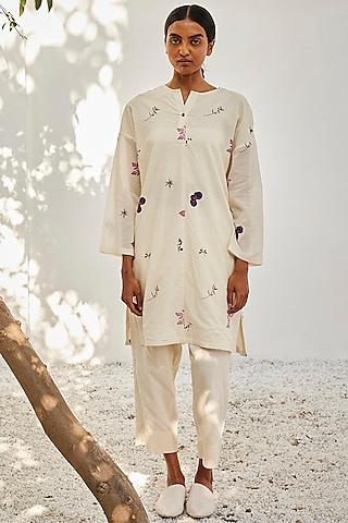 off-white mulmul cotton printed tunic set