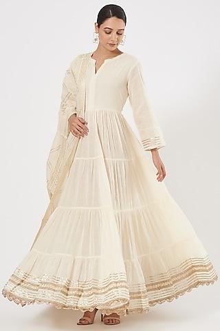 off-white mulmul embroidered anarkali set