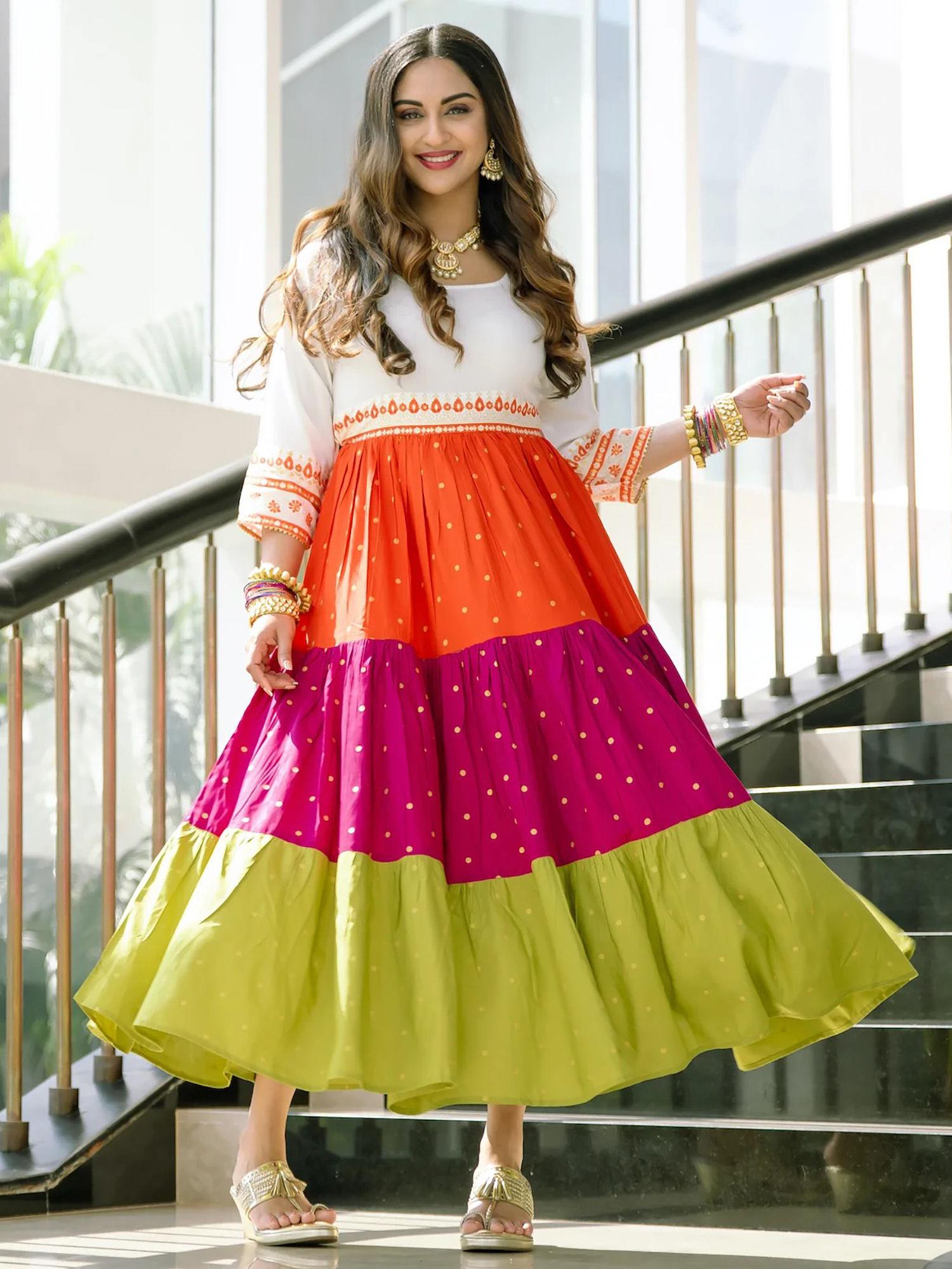 off white multicoloured tiered dress with polka prints and gota details