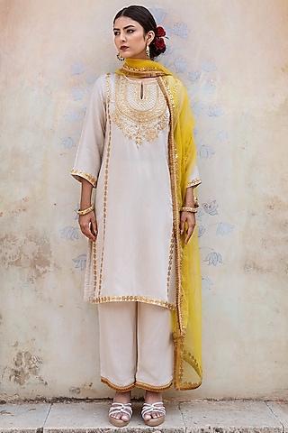 off-white muslin hand embroidered kurta set