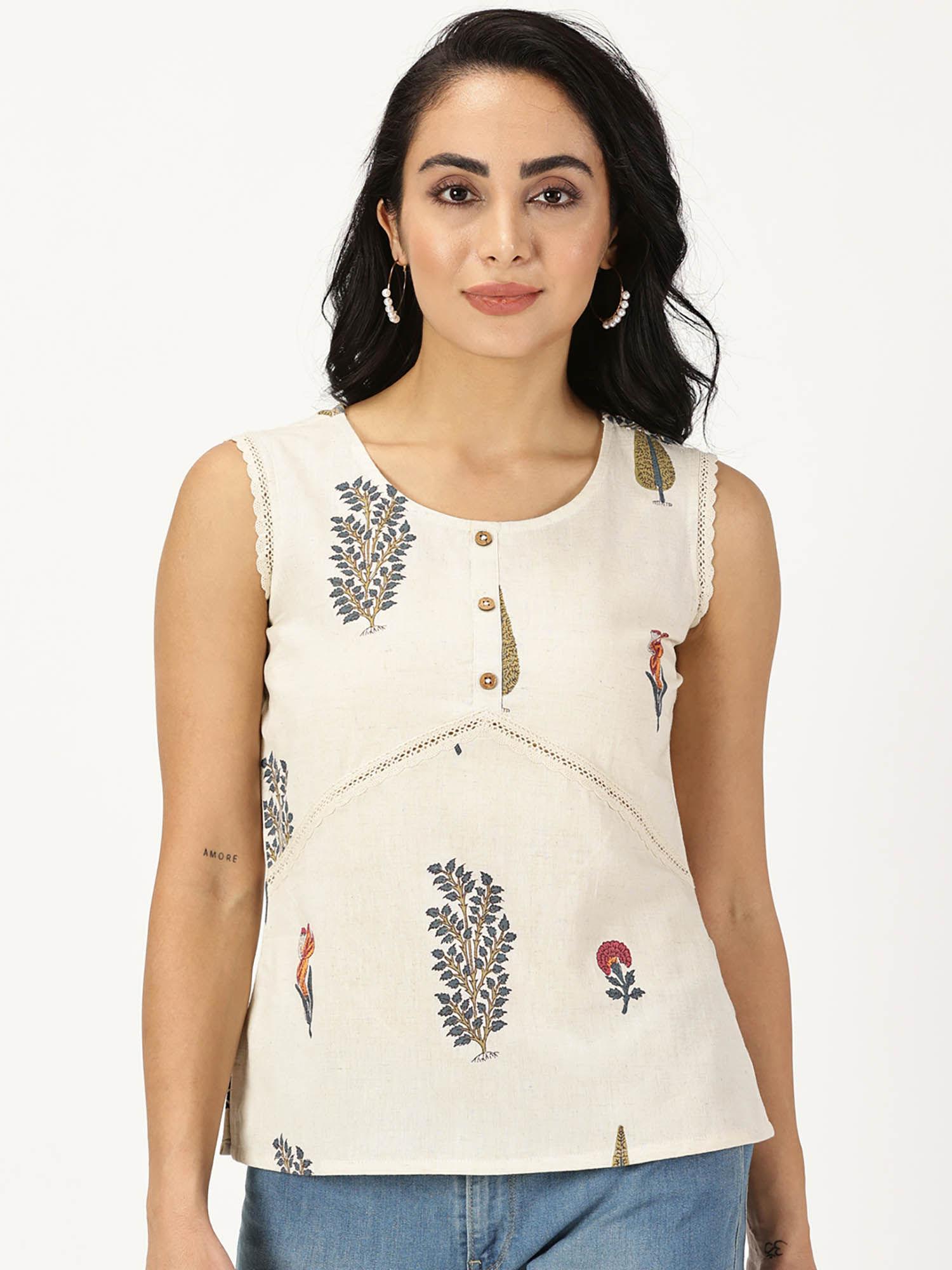 off white natural mughal floral print top with lace inserts